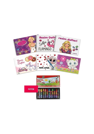 Çınar Defter 6 Adet Küçük Boy 20 Yaprak Perforajlı Resim Defteri Kızlar İçin Özel Karışık Figürlü Kapaklı Pastel Boya Hediyeli