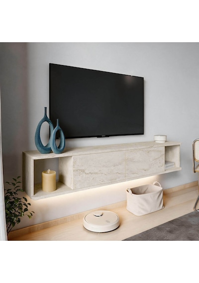 İnarch Dizayn Twist Led Işıklı Duvara Monte Tv Sehpası - 2 Kapaklı Traverten