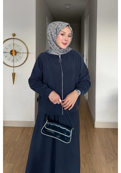 Mihran Butik Cupra Kumaş Lacivert Kadın Elbise Etek Takım Lacivert