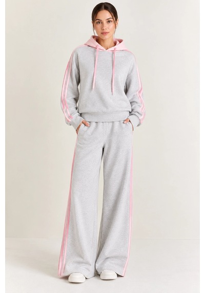 Mevese Kadın Kapüşonlu Oversize Sweatshirt & Bol Eşofman Altı İkili Takım- Gri-pembe Mevese Kadın Kapüşonlu Oversize Sweatshirt & Bol Eşofman Altı İkili Takım- Gri-pembe