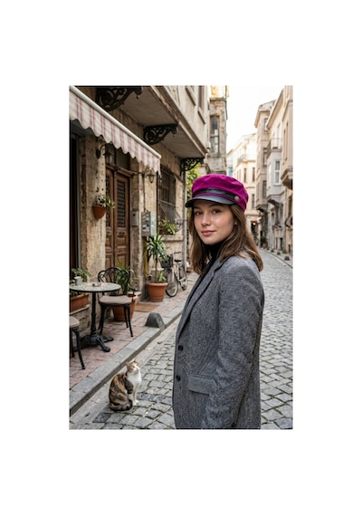 Emybox Kadın Süet Dokulu Deri Siperlikli Kaptan Şapka Vintage Kasket Şerit Detaylı Kışlık Ressam Şapkası Baker Boy Trend Aksesuar Fuşya