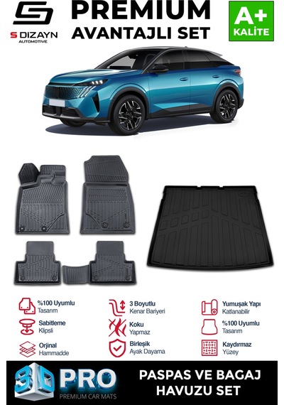 Peugeot 3008 Hybrid 3d Pro Havuzlu Paspas Ve Bagaj Havuzu Seti 2'li Set 2024 Üzeri A+ Kalite 3set-sdz219