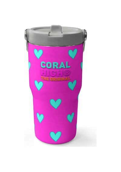 Coral High Neon Pembe Su Yeşili Kalp Desenli Katlanır Ağızlıklı Çelik Termos 600 Ml 38908 Pembe