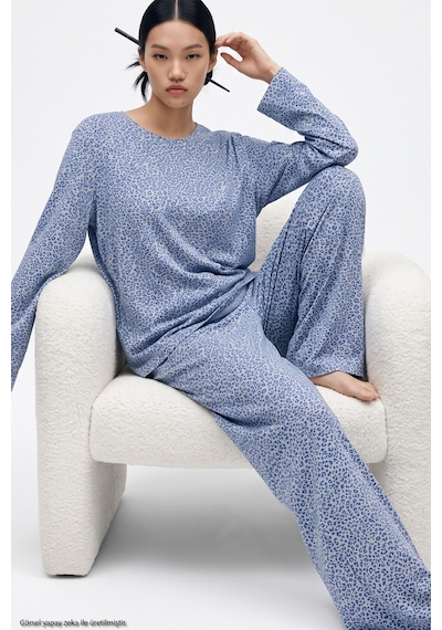 Siyah İnci Leopar Baskılı Örme Pijama Takım 8078 Mavi Leopar