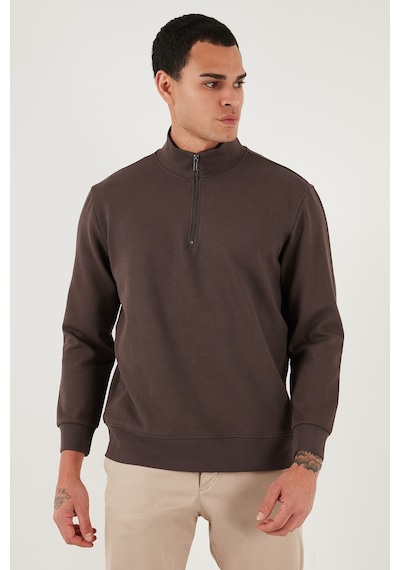 Buratti Pamuklu Regular Fit Yarım Fermuarlı Dik Yaka Erkek Sweat 5905470 Koyu Kahve