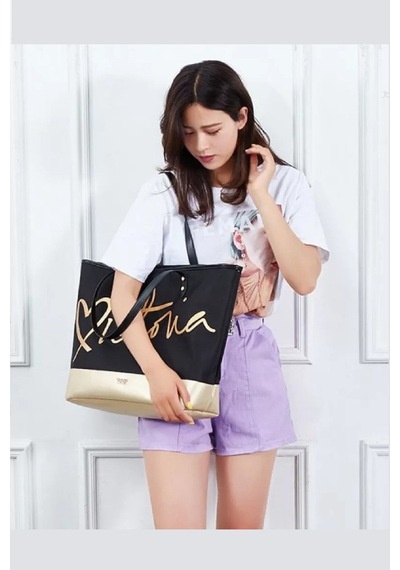 Victoria's Secret Vs Siyah Gold Kanvas Tote Seyahat Çantası Siyah