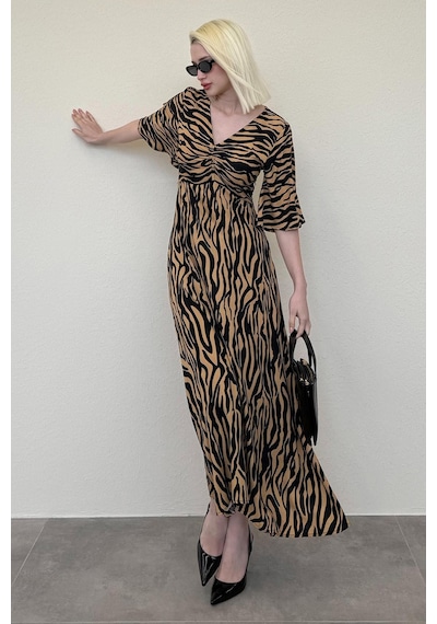 Madmext Kahverengi Zebra Desenli V Yaka Yarım Kollu Elbise Mg2394