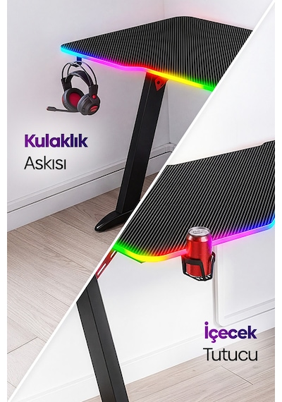 Thunder 25mm RGB Aydınlatmalı Oyuncu Masası | Siyah Karbon Fiber Kaplama