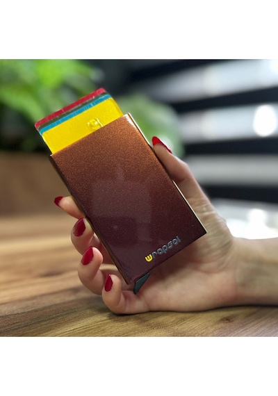 Wrapsol Mekanizmalı Kartlık Rfid Korumalı Alüminyum Otomatik Mekanizmalı Kredi Kartlık Renkli Mat Kırmızı Parlak Sonbahar Parlak Sonbahar Kahverengi