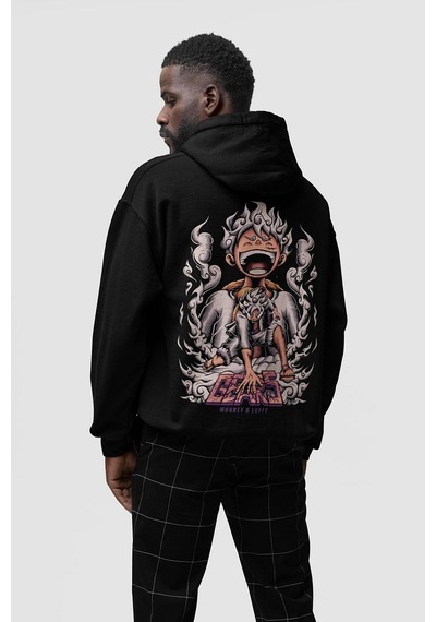 Sevbano Monkey D Luffy Gear 5 Baskılı Unisex Oversize Anime Hoodie Siyah