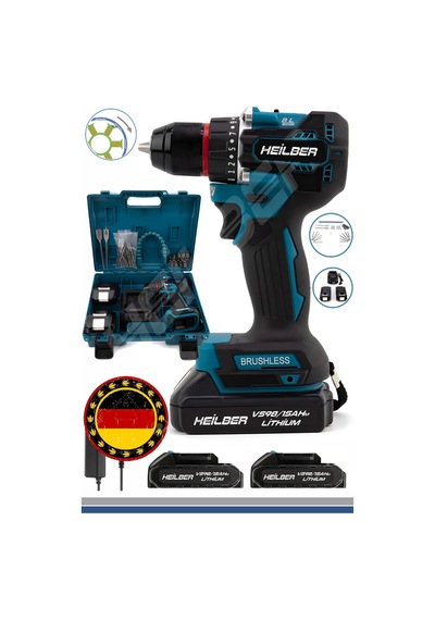Heilber Ba01013b Alman Max V998 15ahm Blue Bakır Sargılı Çift Batarya Akülü Vidalama Çelik Şanzıman Şarjlı Matkap