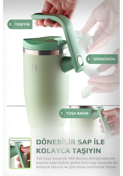 Fika Lumi Patentli Döner Kulplu Sızdırmaz Çelik Termos 1200 Ml - Bej Mint Yeşili