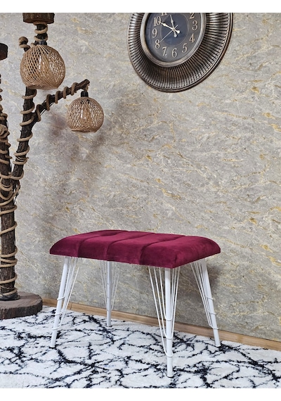 Zafir Metal Beyaz Tel Ayaklı 60 Cm Puf Bench - Puf - Bench - Oturak - Mutfak Oturağı - Antre Oturağı Bordo