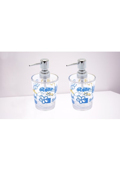 Banyo Seti Sıvı Sabunluk 2 Adet Deniz Desen Akrilik 8x8x16cm 350m Şeffaf