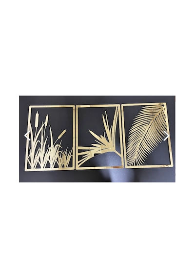 Yaprak Ve Sazlık 3'lü Tablo Mdf Üzeri Gümüş Pleksi Duvar Dekorasyon Her Biri 35x25 Cm 001