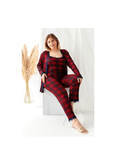 Nisanca Sabahlıklı Dantel Detaylı Pegasus Kadın Pijama Takımı-çeyizlik Takım- Geniş Beden Aralığı Kırmızı