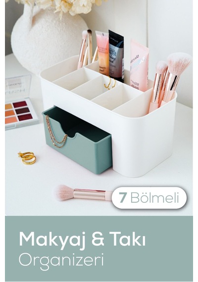 Vienev 7 Bölmeli Çekmeceli Makyaj Takı Organizeri - Masaüstü Düzenleyici Mint Şeffaf