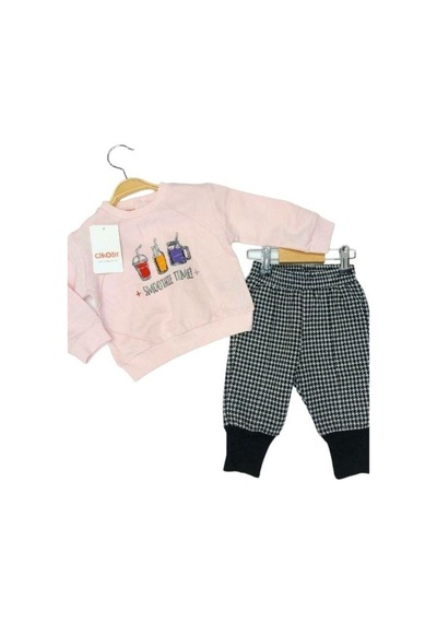 Çikoby Kız Bebek Smoothie Sweat Pitikare Pantolonlu Takım-13579 Pudra