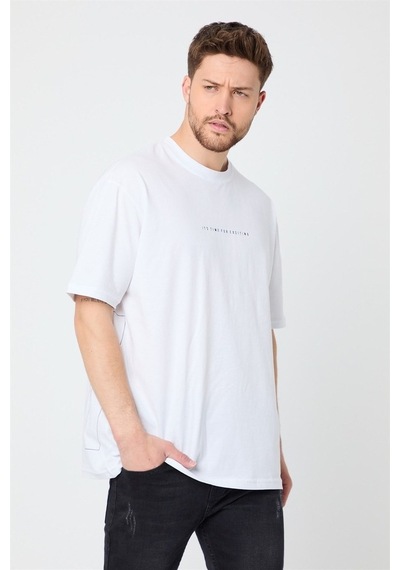 Comeor Erkek Beyaz Baskılı Basic Oversize Bisiklet Yaka Kısa Koll Beyaz