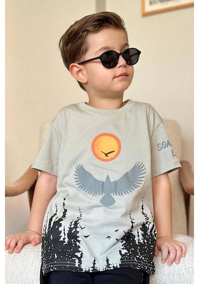 Riccotarz Erkek Çocuk Ağaç Ve Güneş Baskılı T-shirt Yazı Detaylı Bej Şortlu Takım Bej