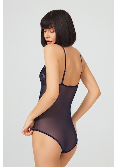 Cottonhill Lacivert Çıtçıtlı Dantelli Transparan Balensiz Bodysuit Lacivert