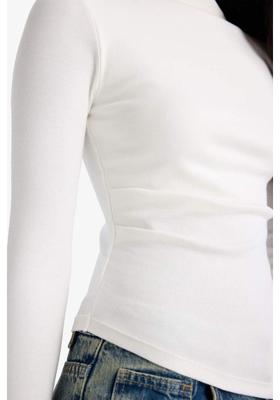 Defacto Slim Fit Dar Kesim Kayık Yaka Ribana Uzun Kollu Tişört G1581ax25auer105 Ekru