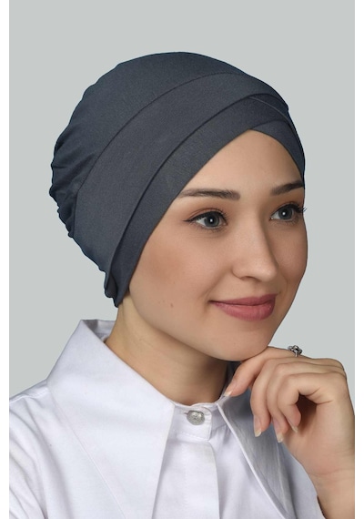 Altobeh Dört Bantlı Çapraz Dış Tesettür Bonesi Hazır Türban Penye -Füme