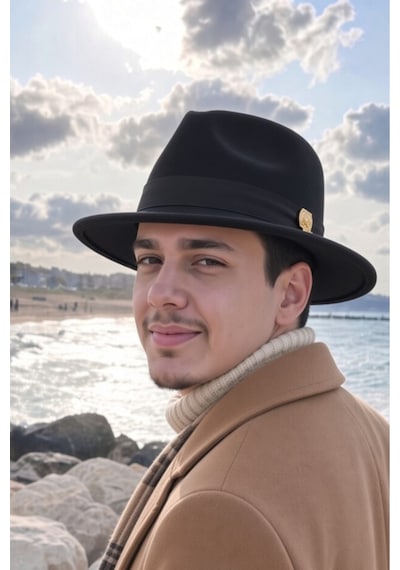 Mollycrush Erkek Kışlık Şık Siyah Fötr Şapka Geniş Siperli Kemer Detaylı Keçe Fedora Siyah