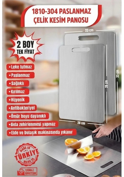 2 Adet Paslanmaz Çelik Kesme Tahtası Gümüş