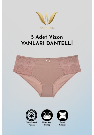Wcreas Yanları Dantelli Pamuklu Kadın Bato Külot, 5'li Paket Pamuklu Yumuşak Kumaş Dantelli Külot Vizon