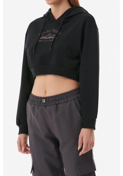 Fullamoda Baskılı Kapüşonlu Crop Sweatshirt- Siyah 24KGB890195453-Siyah