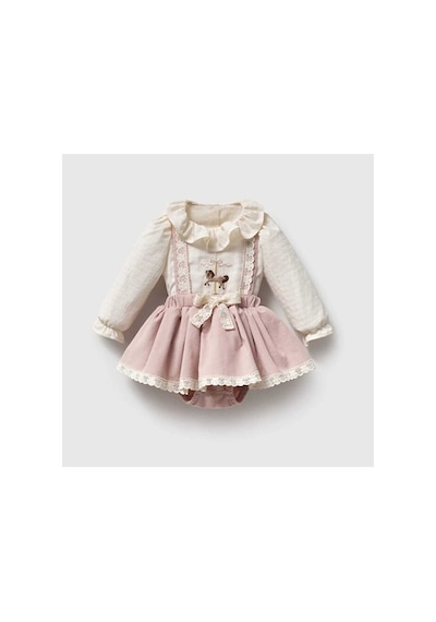 Ministok Pinky Carousel Nakışlı Kız Bebek Salopet Takım Pembe