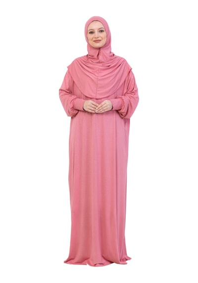 Modish Group Tek Parça Namaz Elbisesi Seti, Viskon Yumuşak Tesettür Abaya, Rahat Hazır Şal Başörtüsü Takım Gül Kurusu