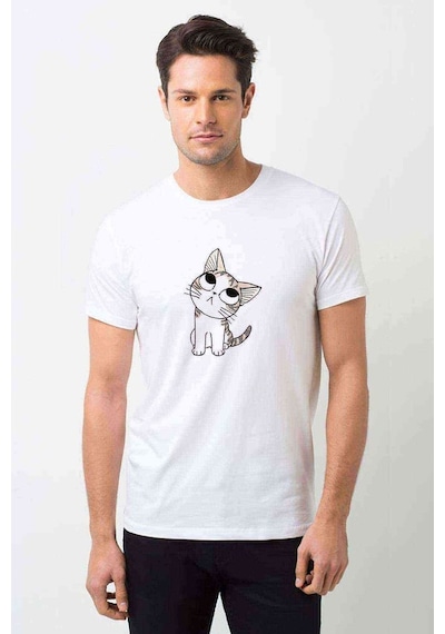 Kawaii Cat Şaşkın Kedi Baskılı Beyaz Erkek Tshirt