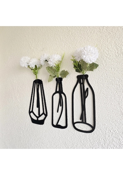 Beyaz Kasımpatı Çiçekli Dekoratif Tablo 3 Lü Set - Siyah