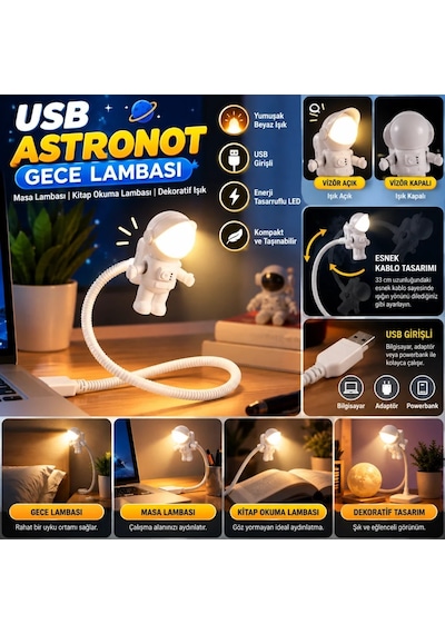 Ers Usb Astronot Gece Lambası, Masa Lambası, Kitap Okuma Lambası Işığı