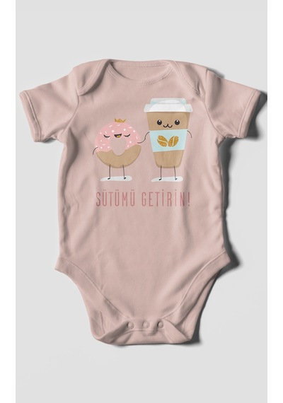Sütümü Getirin Baskılı Bebek Zıbını Çıtçıtlı Body %100 Pamuk Kısa Kol Pastel Pembe