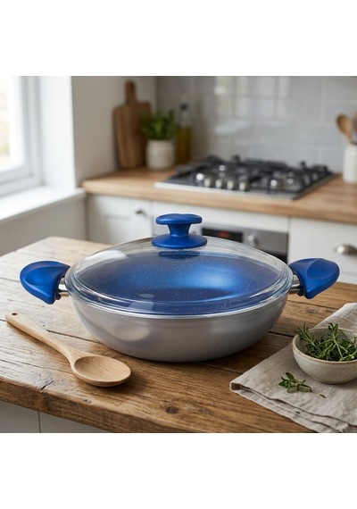 Argos 26 Cm Karnıyarık Tenceresi - Gri Gövde Ve Mavi Kırçıllı Özel Kaplama - Ergonomik Tasarımlı - Cam Kapaklı