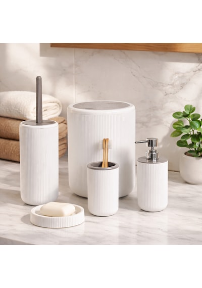 Perotti 33031500001-2 5 Parça Yuvarlak Banyo Seti - Çöp Kovası, Sabunluk, Diş Fırçalığı Ve Silikon Wc Fırçası Beyaz Taupe Beyaz - Gri