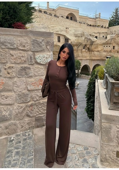 Evoa Kadın Kahve Basic Düğmeli Bluz Ve Bol Paça Pantolon Takım Kahverengi