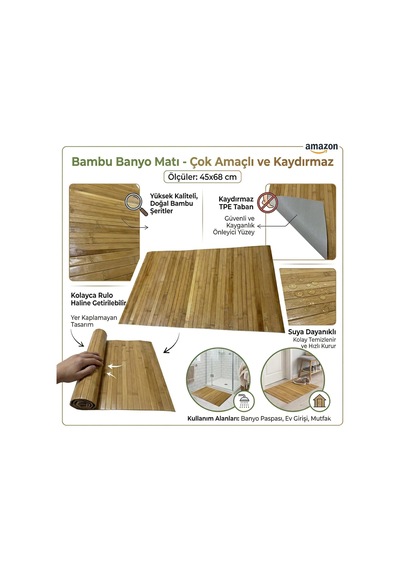 Bambu Banyo Matı, Kaydırmaz Tpe Tabanlı, Suya Dayanıklı, Rulo Yapılabilir, 45x68 Cm, Banyo Ve M Doğal Bambu / Kahverengi
