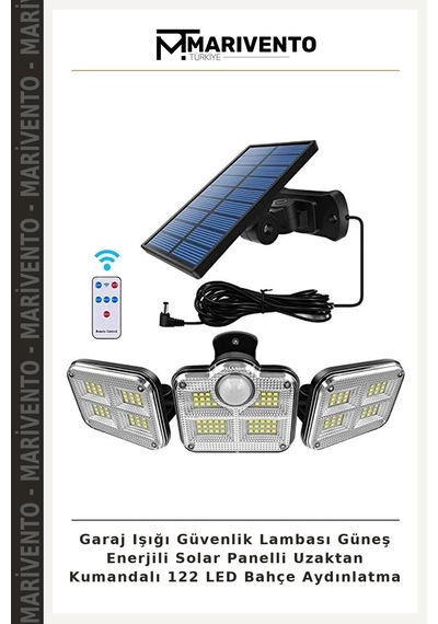 Garaj Işığı Güvenlik Lambası Güneş Enerjili Solar Panelli Uzaktan Kumandalı 122 Led Bahçe Aydınlatma