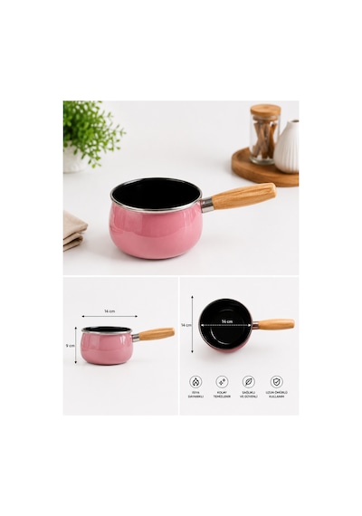 14 Cm Emaye Sütlük Ahşap Saplı Süt Cezvesi Sosluk 1200ml 9 Cm Derinlik Pembe