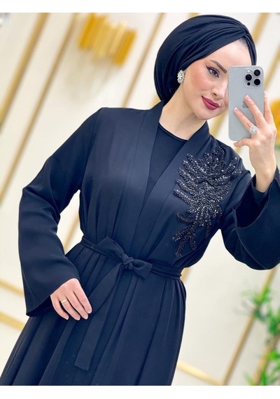 Nazzain El İşlemeli Abaya Takım Çok Renkli