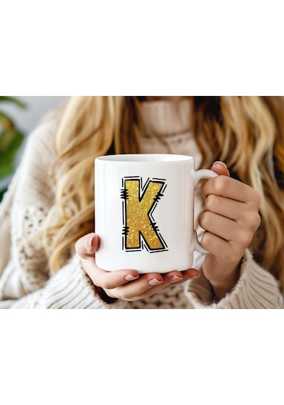 K Harfi Gold Simli Kupa Işıltılı Alfabe Harf Tasarımlı Kahve Kupası - Kişiye Özel Hediye Beyaz