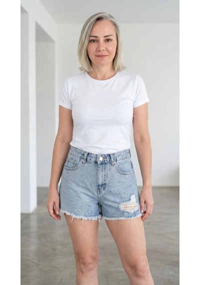 Byemelika Taş Baskılı Grj Denim Mini Şort Buz Mavi
