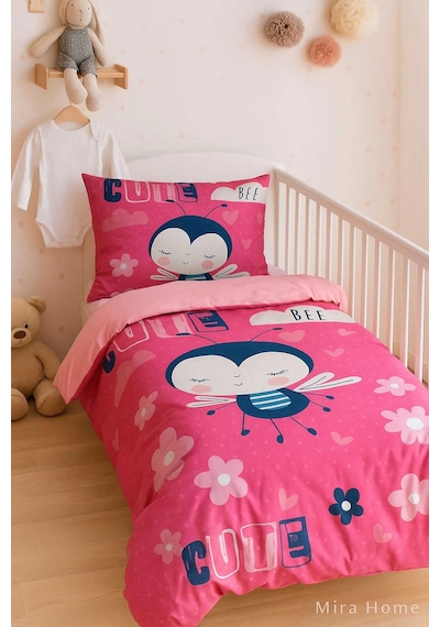 Dijital Baskılı 3d Pamuklu Yenidoğan Bebek Nevresim Takımı Cute Bee Pink Çok Renkli