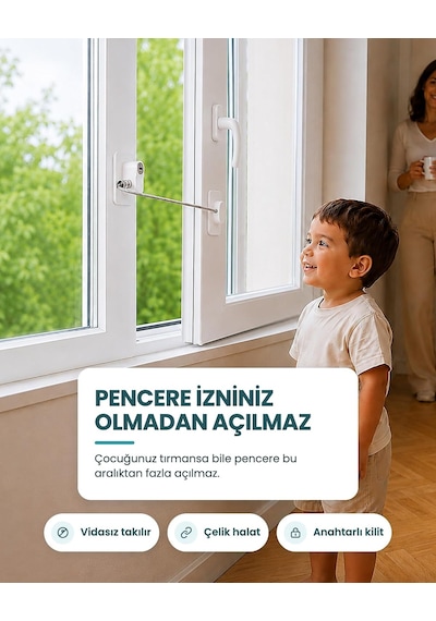 Vidasız Halatlı Pencere Emniyet Kilidi, Anahtarlı Çelik Halatlı Çocuk Güvenlik Kilidi, Yapışkanlı, Beyaz Altın Ve Çok Renkli