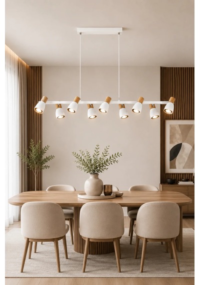 Modern Premium 8li Spot Sarkıt Avizesi Uzun Ahşap Detaylı Salon Yemek Masası Üstü Modelleri Gu10 Duy Beyaz