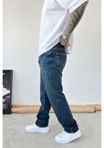Eskitme Mavi Splash Baggy Pantolon